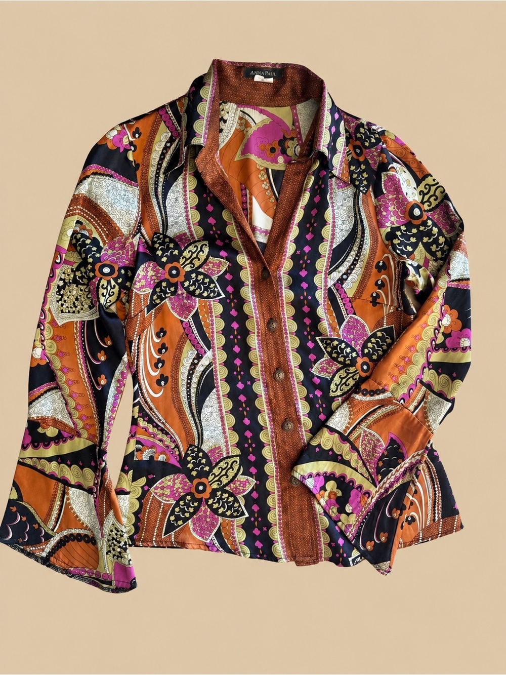 Vintage Silk Floral Print Button-Up Blouse
